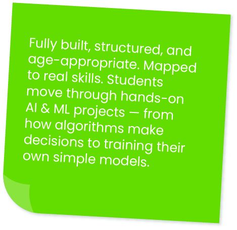 Fully built, structured, and age-appropriate. Mapped to real skills. Students move through hands-on AI & ML projects — from how algorithms make decisions to training their own simple models.