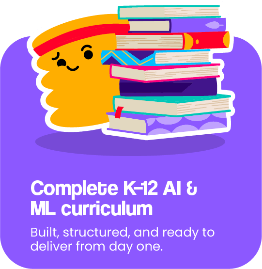 Complete K–12 AI & ML curriculum. Built, structured, and ready to deliver from day one.
